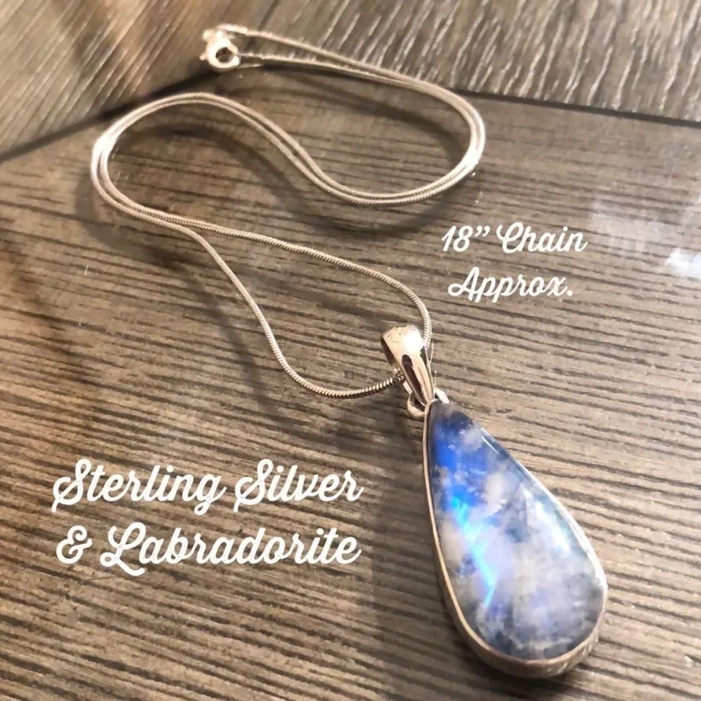 Vintage Blue Labradorite Tear Drop Pendant with Chain